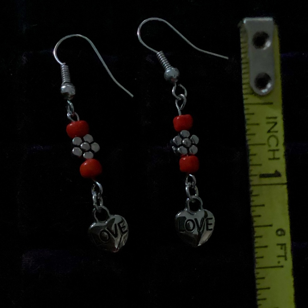 Silver and Red Heart Charm Earrings